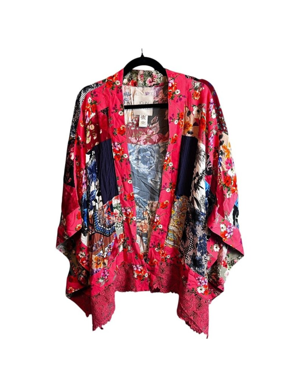 John Mark Kimono Top Womens XL Multicolor Floral Patchwork Crochet Lace Boho
